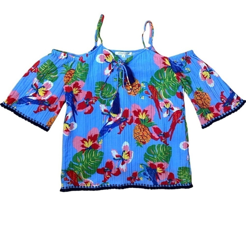 Joy Joy Cold Shoulder Tropical Floral Colorful Tassel Hem Blouse Top